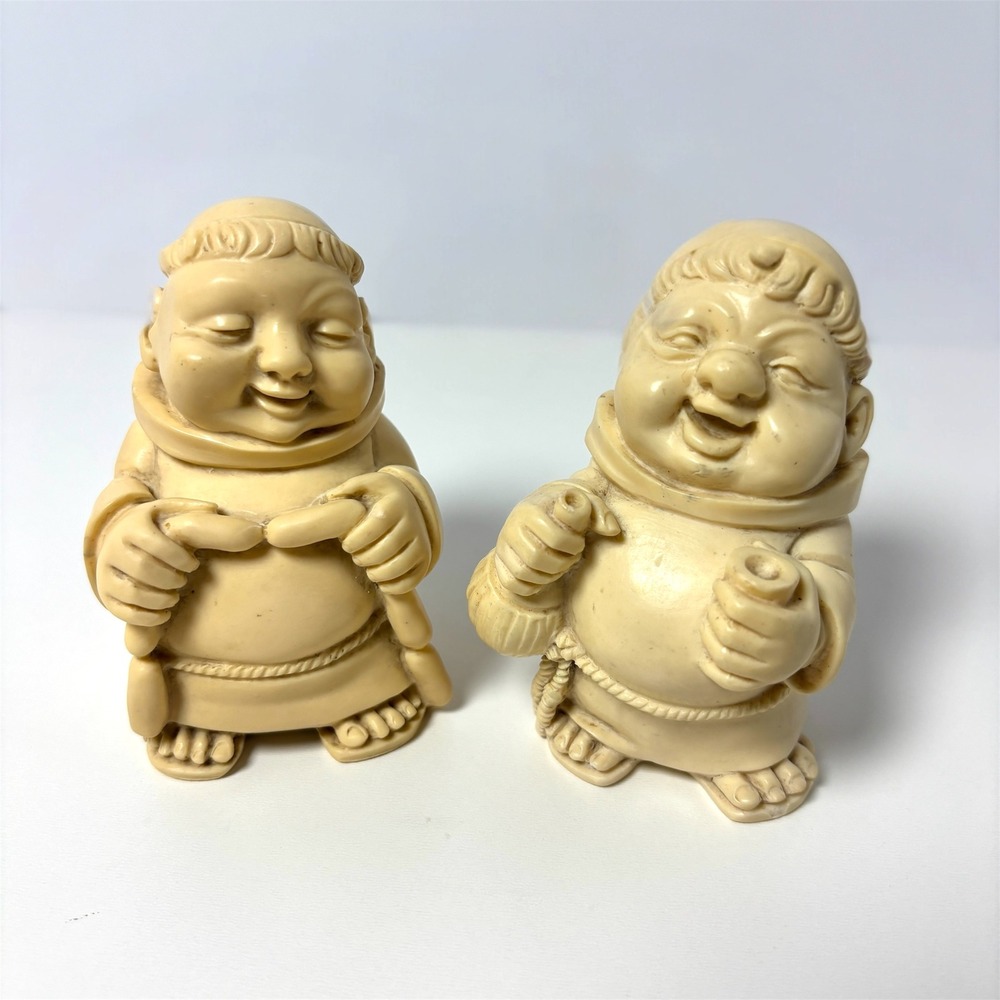 Vintage Gino Ruggeri Alabaster Monk Set‎ of 2 Jolly Friar Resin Figurines